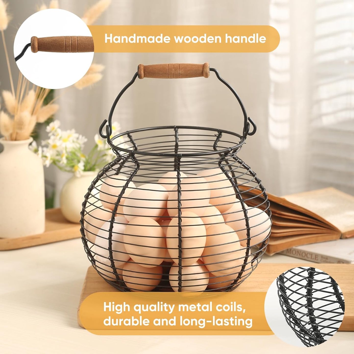 Farmhouse Round Wire Egg Basket with Handle, Metal Egg Collecting Basket for Countertop Holder (8.5 * 7.5 inch)