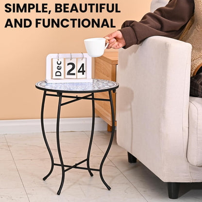 Aonagi 14 17 Round Side Table, Indoor Outdoor Small Side Table, Weather Resistant Black Metal Side Table for Livingroom