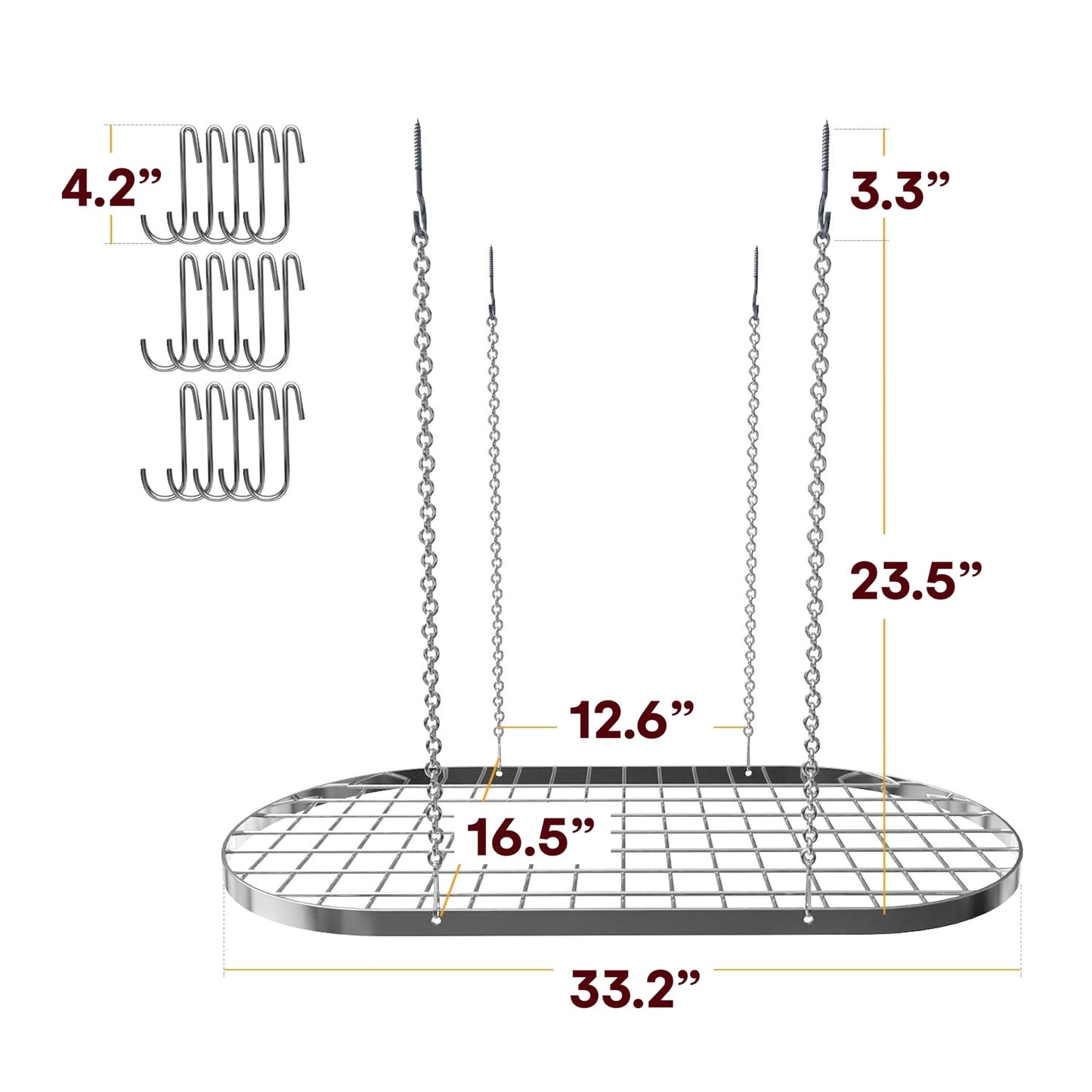 Vdomus Hanging Pot Rack - Ceiling Mount Kitchen Organizer for Pots and Pans with 15 Hooks - 33 x 17 Inches Heavy-Duty, Durable and Space-Saving Pan Holder - Silver