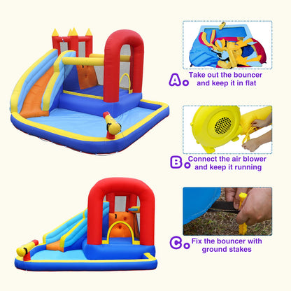 JOYLDIAS Inflatable Water Slide Bounce House,Slide Bouncer Castle Playhouse w/Splash Pool,Jump Area, Climbing Wall,Basketball Hoop,450W Air Blower for Kids Backyard Indoor Outdoor Use,Free Water Gun