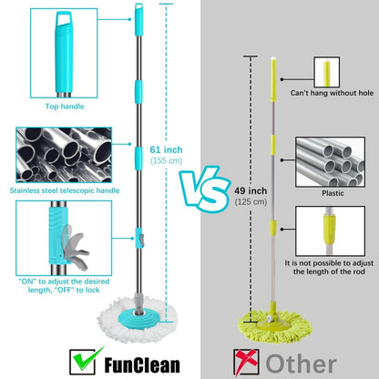 FunClean Spin Mop and Bucket for Home Cleaning, 360° Rotating Floor Mop with Wringer, Adjustable 61" Handle for Back Pain Relief, 6 Microfiber Replacement Heads, 2 Easy-Move Wheels - Blue