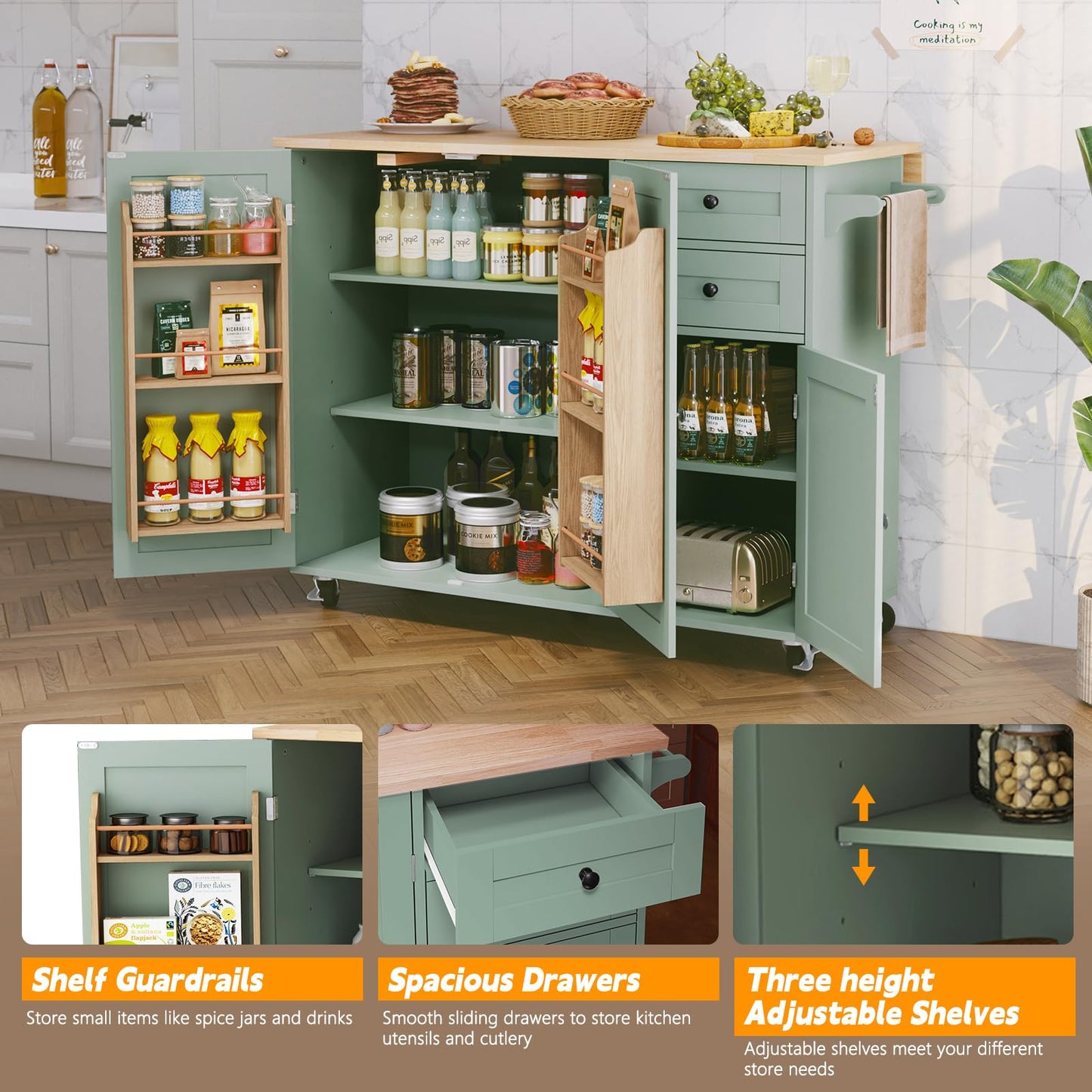 HLR Kitchen Island with Storage, Sage Green Rolling Kitchen Cart on Wheels with Drop-Leaf Bar Countertop, Islands Prep Table with Side Open Spice Rack and Tower Rack, Extra Storage for Kitchen