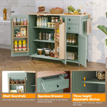 HLR Kitchen Island with Storage, Sage Green Rolling Kitchen Cart on Wheels with Drop-Leaf Bar Countertop, Islands Prep Table with Side Open Spice Rack and Tower Rack, Extra Storage for Kitchen