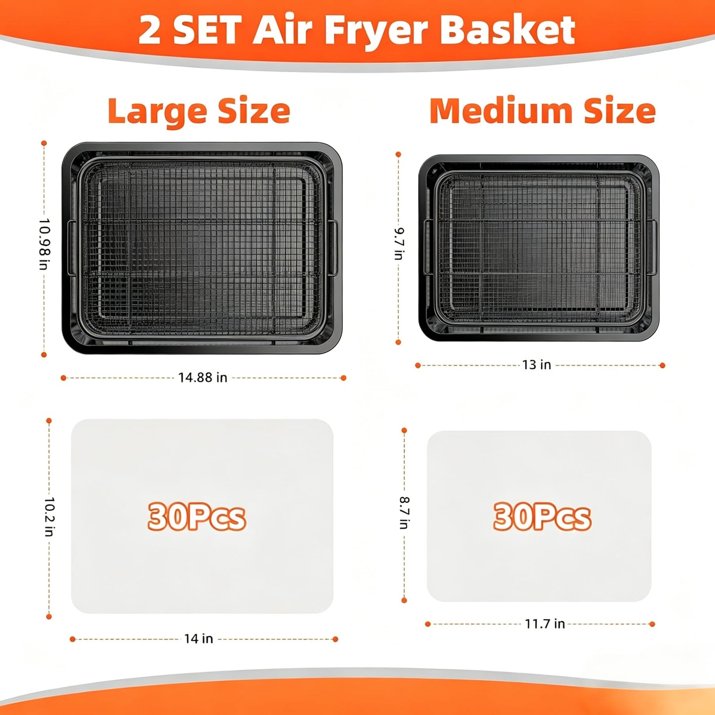Air Fryer Basket for Oven, 2 Set Oven Air Fryer Basket and Tray with 60 PCS Parchment Papers, DEGOVIN Crisper Tray Non-stick Stainless Steel Air Fry Pans for Convection Oven(14.88" ×10.98"&13" × 9.7")