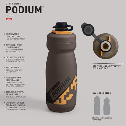 CamelBak Podium Dirt Series Chill Insulated Mountain Bike Squeeze Water Bottle Black, 21oz