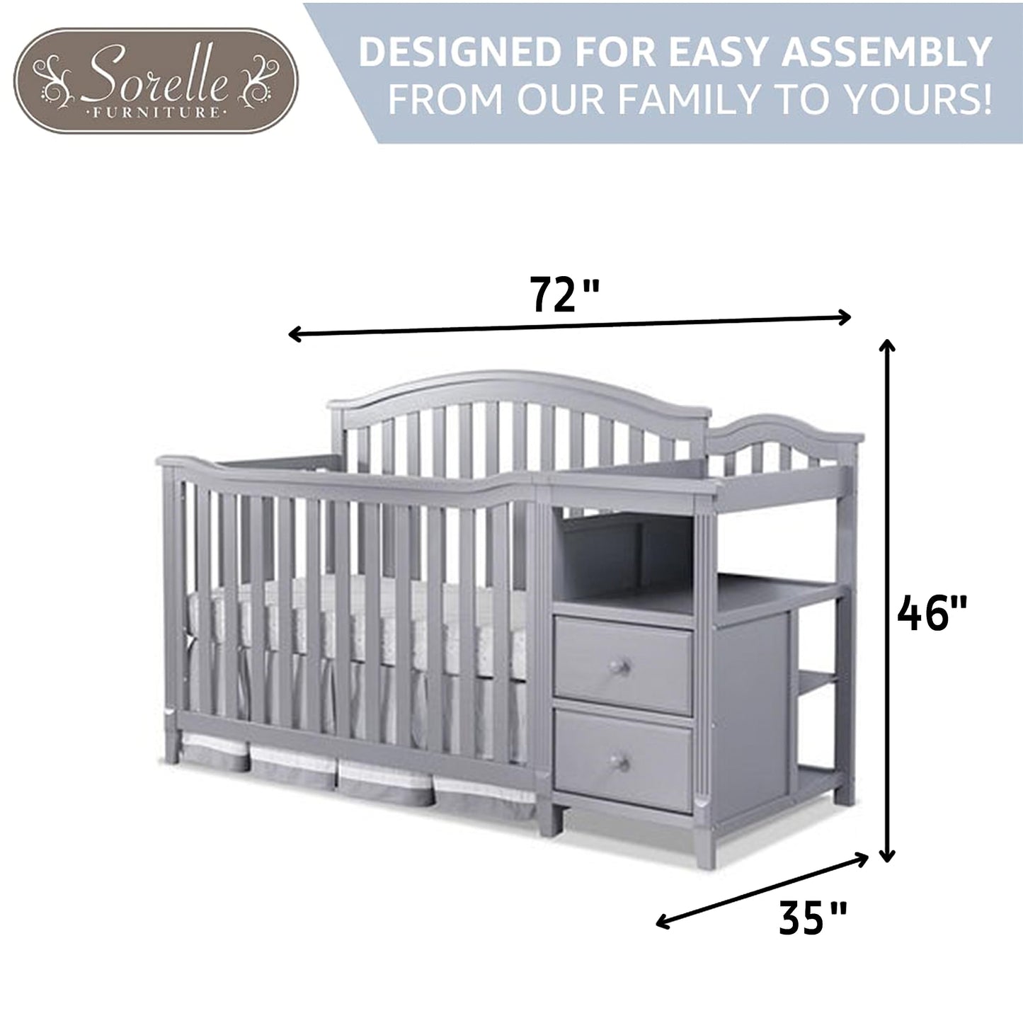 Sorelle Furniture Berkley Crib and Changer with Slat Panel Back Classic -in- Convertible Diaper Changing Table Non-Toxic Finish Wooden Baby Bed Toddler Childs Daybed Full-Size Nursery - Gray