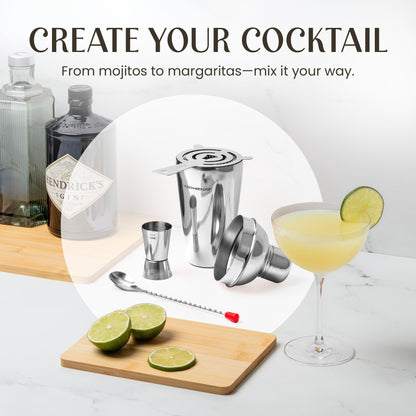 Modern Mixology Cocktail Shaker Set - Bartender Kit with Pine Stand | Leak-Proof Design | Includes Martini Shaker, Jigger, Strainer, Spoon, Tongs | Perfect Bar Tools Gift for Home Mixology (Silver)