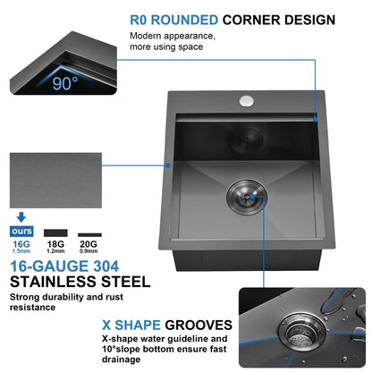 Scamall 15x17x9 Drop In Kitchen Sink Workstation, Nano Black 304 Stainless Steel Deep Single Bowl with Quick Drainage & Tarnish-Free Surface for Bar, Laundry, RV, Includes Accessories