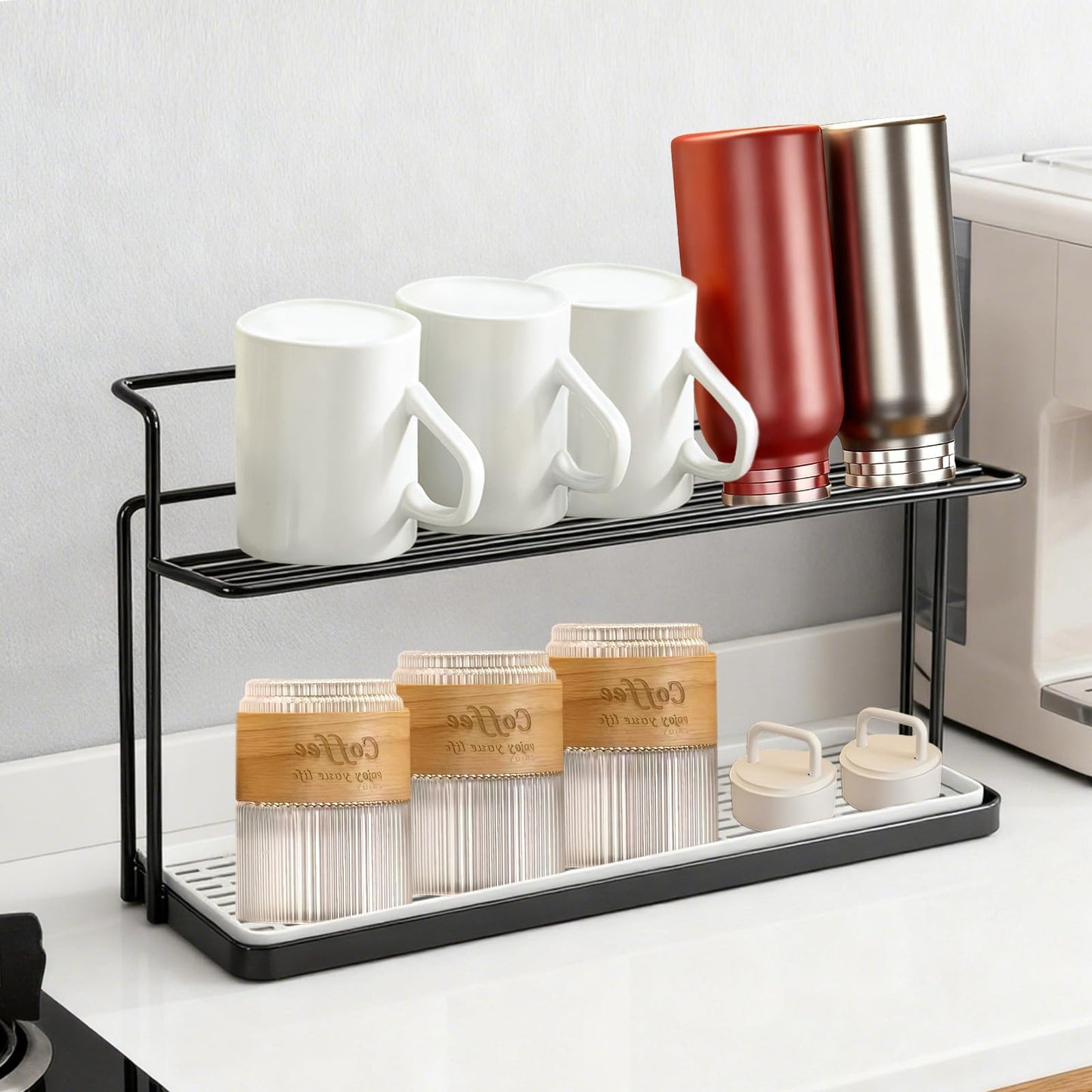 Earssa Water Bottle Drying Rack Cup Storage with Drain Tray Mug Organizer for Kitchen - 2 Tiers (Black)