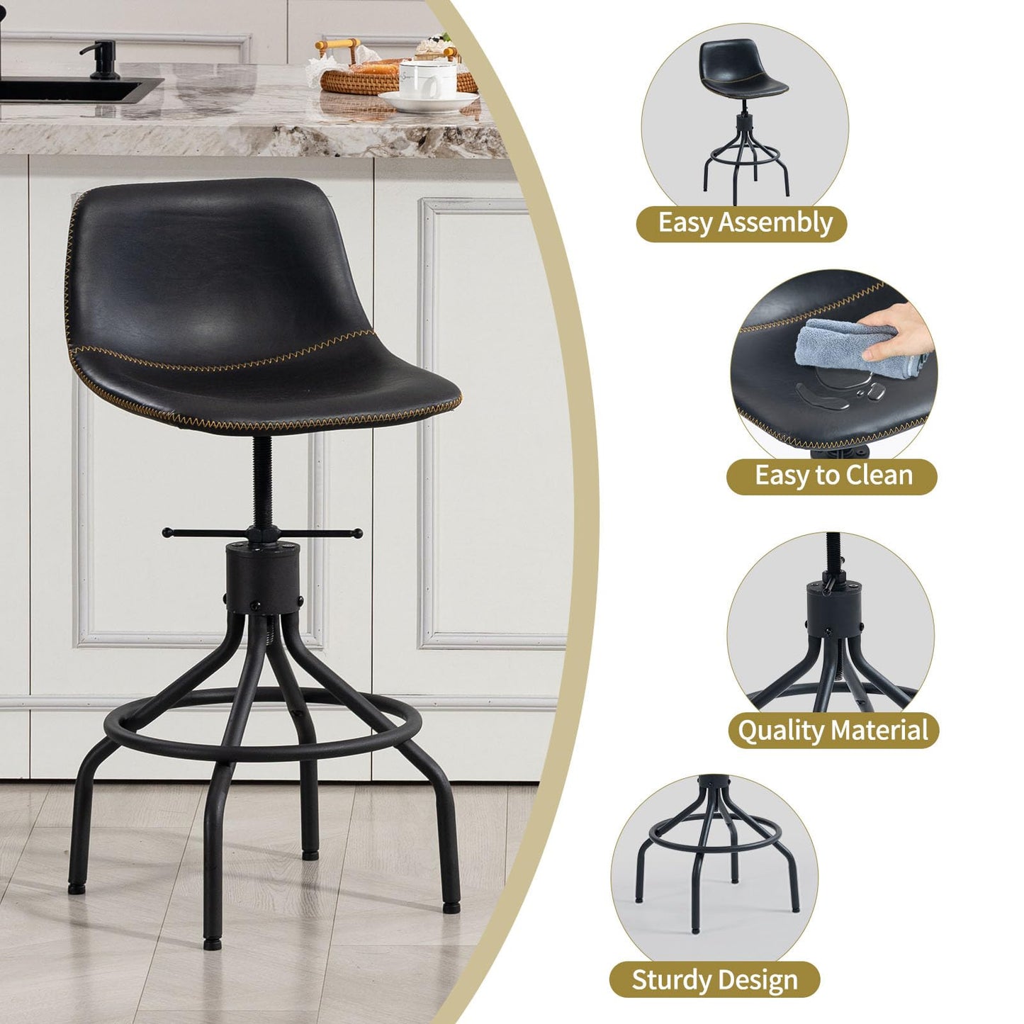 CHIDOCHILO Swivel Bar Stools Set of 3, Adjustable Industrial Kitchen Island Barstools with Back 26 Inch Faux Leather Armless Counter Height Bar Chairs for Dining Room Home Bar D087-Black-3