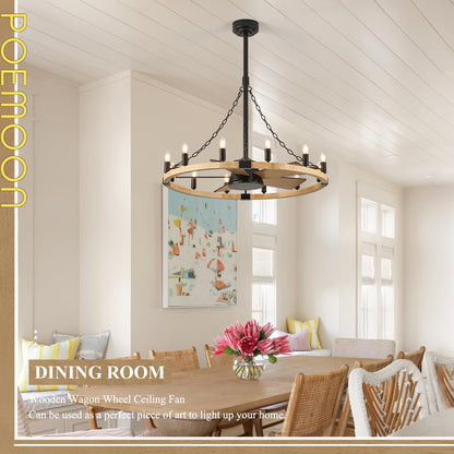 Natural Farmhouse Wood Wagon Wheel Chandelier Fans with 12 Lights and Remote, Rustic Wooden Ceiling Fan Light 36in Fandelier for Bedroom Dining Room Kitchen Living Room