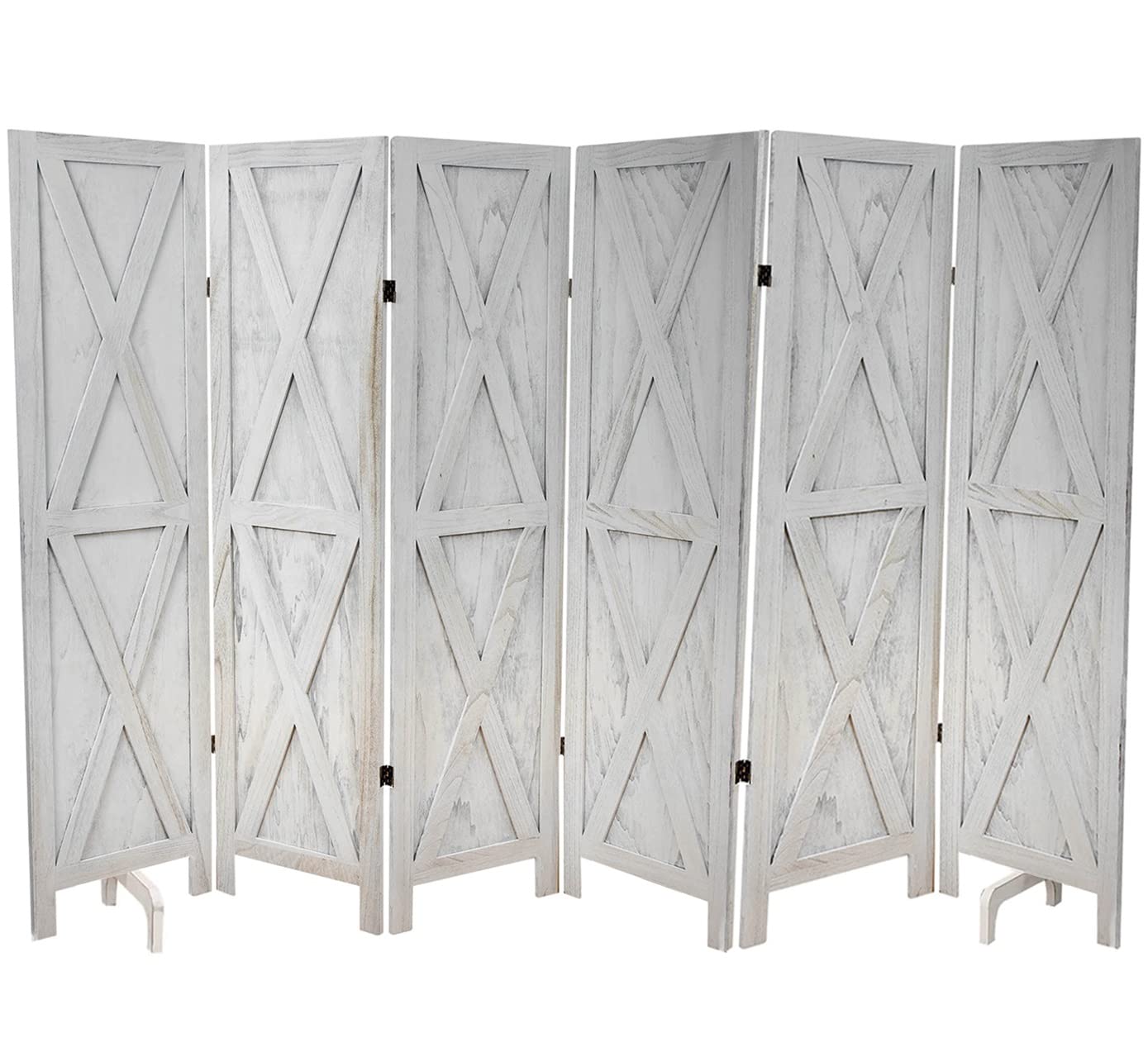 Premium Home 6-Panel Room Divider – Rustic White Barn Door, X Pattern Folding Privacy Screen, Partition Wall