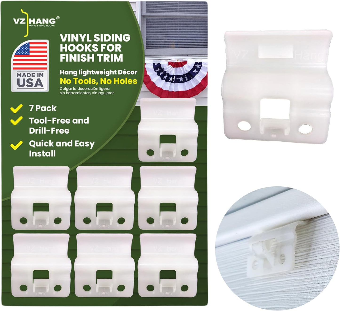 Vinyl Siding Hooks for Finish Trim - Outdoor Hook for House Decoration, 7 Pack Plastic Hooks