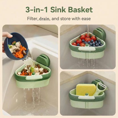 2 Pack Suction Cup Corner Sink Strainer, Press 2026 Upgraded Automatic Dumping Food Waste Catcher for Sink, Triangle Kitchen Sink Strainer Basket, Faucet Sponge Storage Rack (Green + Yellow)