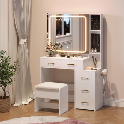GlowSol Vanity Desk with Mirror and Lights, White Makeup Vanity with Jewelry Organizer, LED Glass Cabinet, 3 Light Modes, Power Outlet, 5 Drawers, Vanity Table Set with Padded Storage Stool