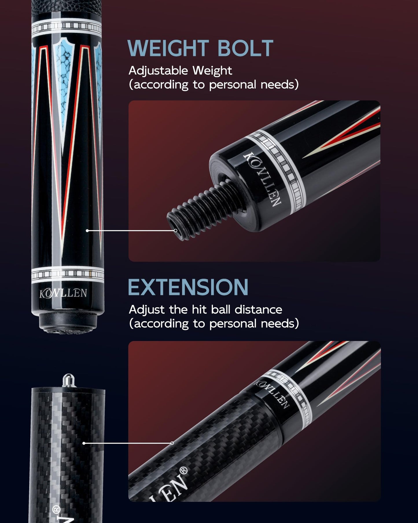 KONLLEN Carbon Fiber Pool Cue 2.0, 58-inch Low Deflection Billiard Stick for Adults with 12.5mm Tip and Pro Taper