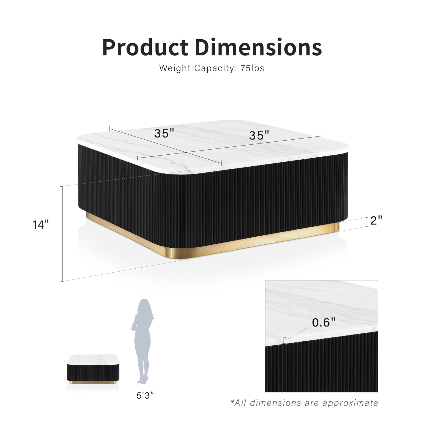 Furniture of America Beryl Modern Square White Genuine Marble Top Coffee Table with Fluted Pedestal Base and Gold Stainless Steel Accent, Low Profile Table for Living Room, Home Office, Black