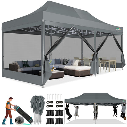 COBIZI 10x20 Canopy Tent, Heavy Duty Pop up Canopy with Sidewalls, Waterproof Easy Setup Canopy with Mosquito Netting, Outdoor Instant Screen Tents for Parties, Wedding with Roller Bag, Gray
