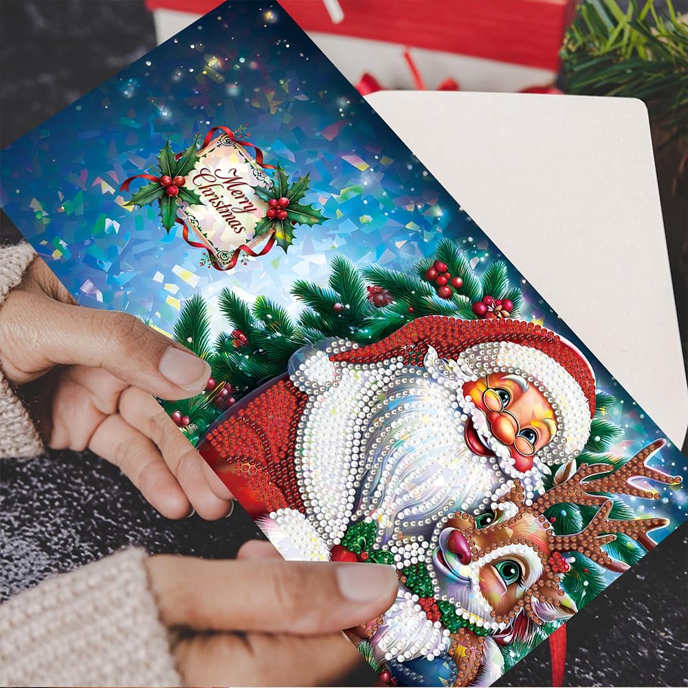 8pcs Diamond Art Kits for Adults DIY Christmas Cards with Envelopes Rhinestone Painting Cards Kits Diamond Painting Santa Greeting Card for New Year Party Supplies (Snowman and Santa Claus)