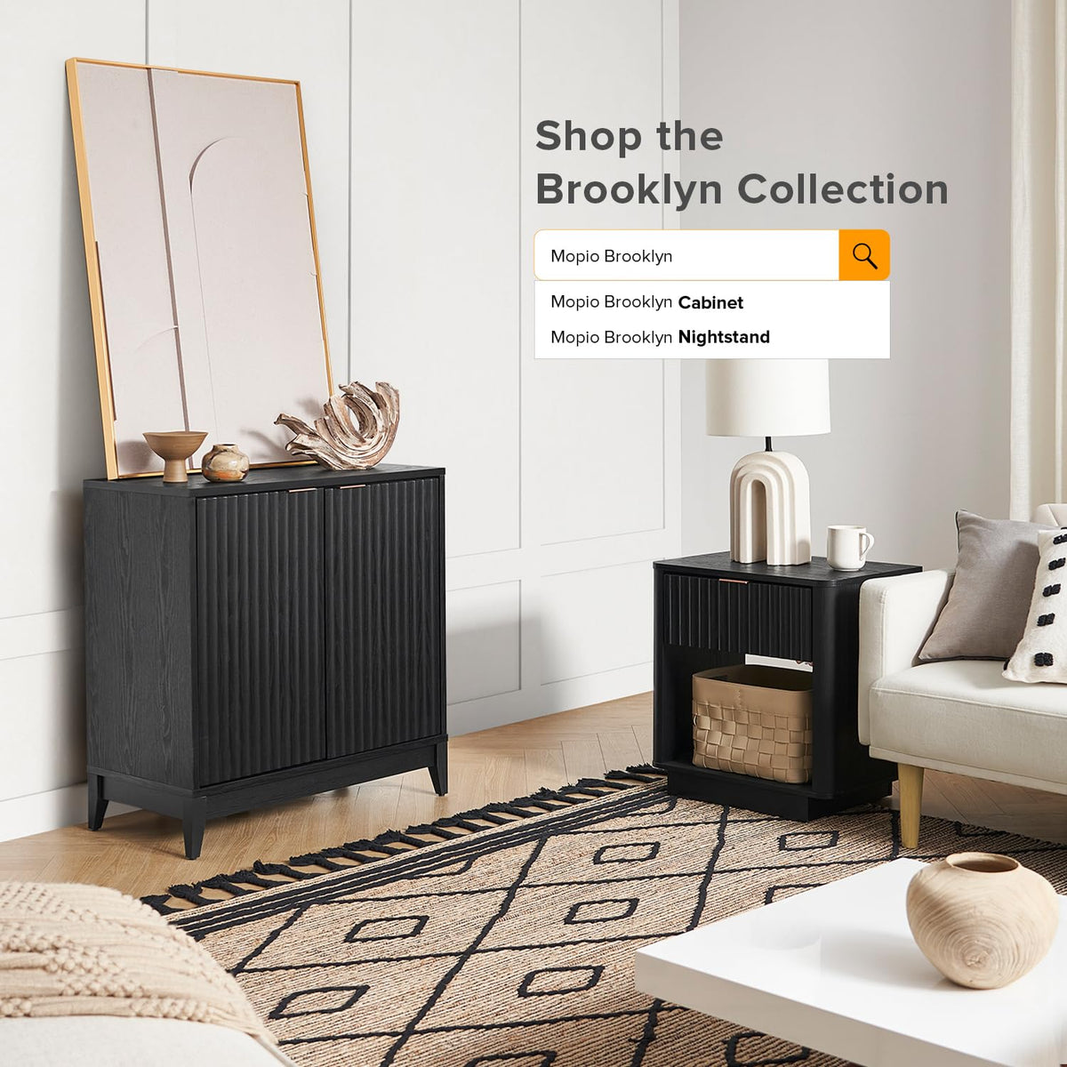 mopio Brooklyn Fluted Storage Cabinet, Modular Accent Buffet Sideboard with Adjustable Shelf, FSC Certified 50lb Load Modern Farmhouse Wood Credenza for Dining, Living Room, Entryway (Black, Single)