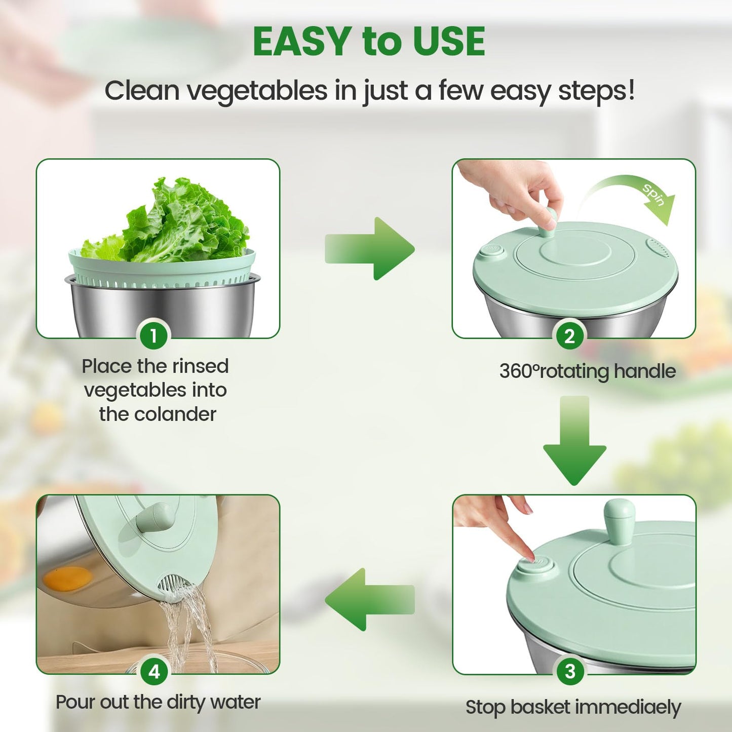 Stainless Steel Salad Spinner 3-in-1, One-Touch Stop and Non-Slip Base, Vegetable Dryer for Kitchens, Parties, and Health-Conscious People, 5.3 Qt