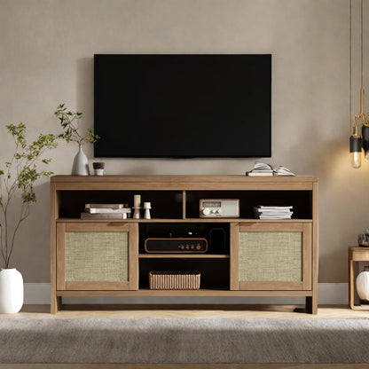 GarveeHome Boho TV Stand for TV Up to 65 in,58" Modern Rattan Entertainment Center with Storage and Adjustable Shelves,Wooden TV Console Cabinet with Doors for Living Room/Bedroom/Farmhouse(Brown)