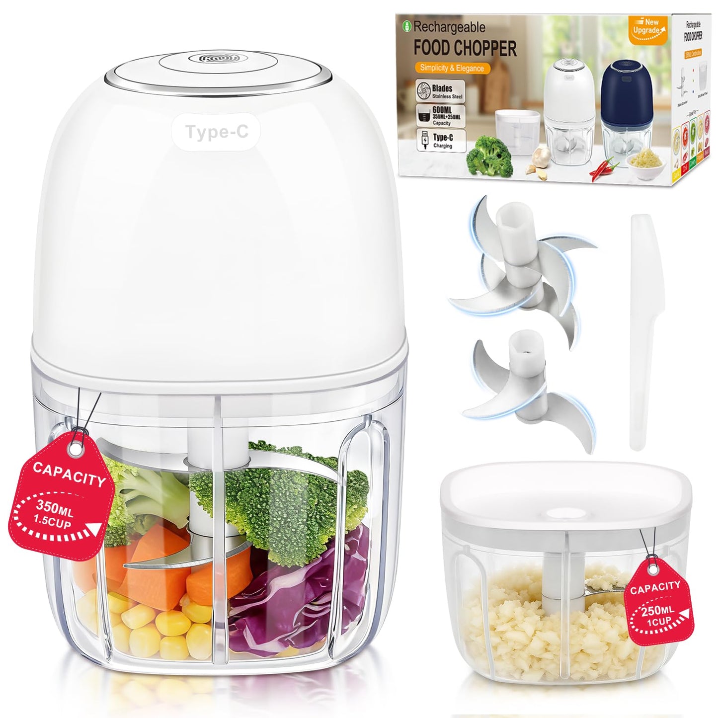 Electric Mini Garlic Chopper 2 Bowls(350ML/1.5Cup&250ML/1Cup) Cordless Mini Food Processor【Up-Durable Motor】【2 Sets 304 Stainless Steel Blades】Grind for Garlic,Onion,Meat,Baby Food,BPA Free (White)