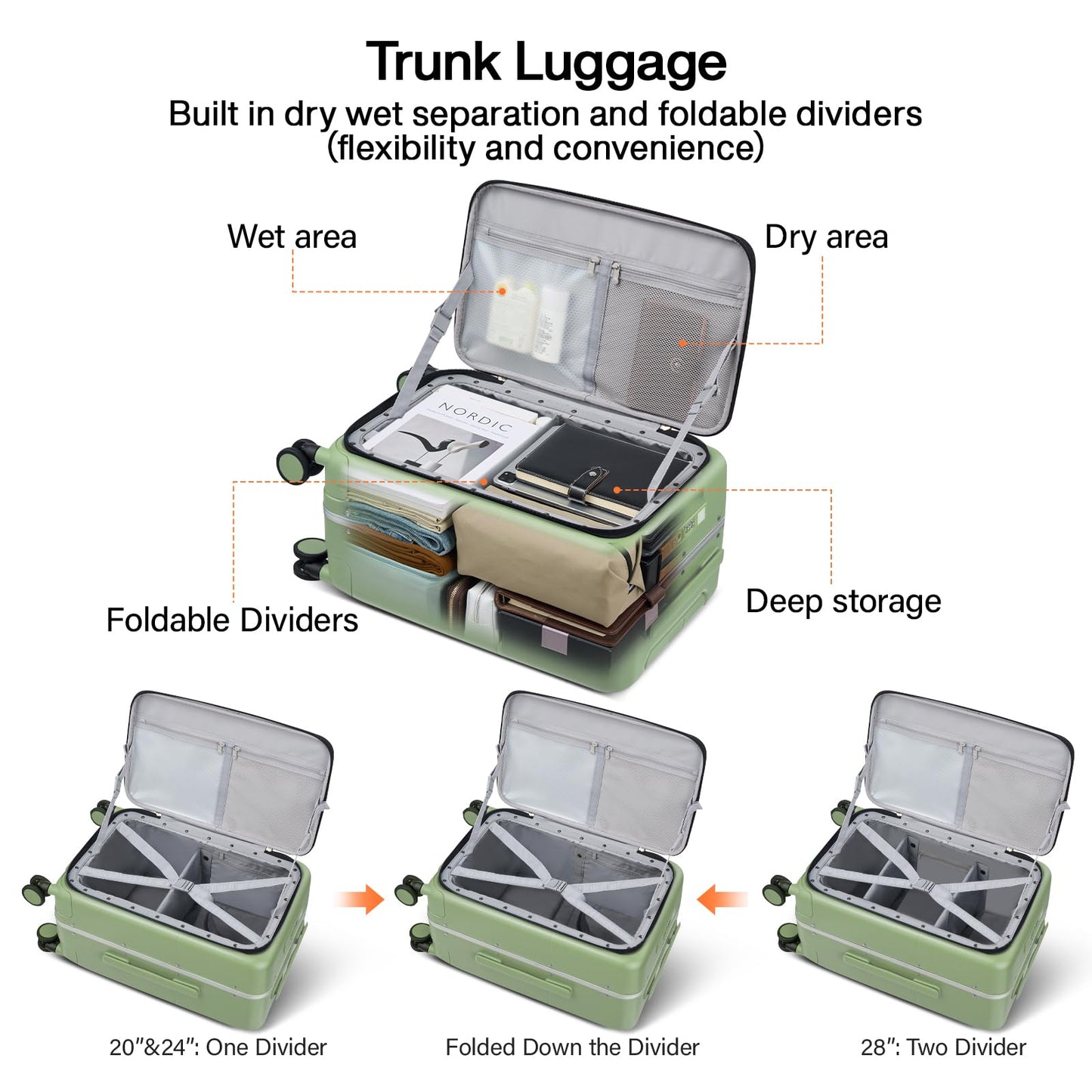 Hanke 28 Inch Checked Luggage with Cup Holder and USB Ports, Top Opening Hard Shell Suitcase with Wheels, Aluminum Frame Large Trunk Luggage with Foldable Divider & TSA Lock for Travel, Bamboo Green
