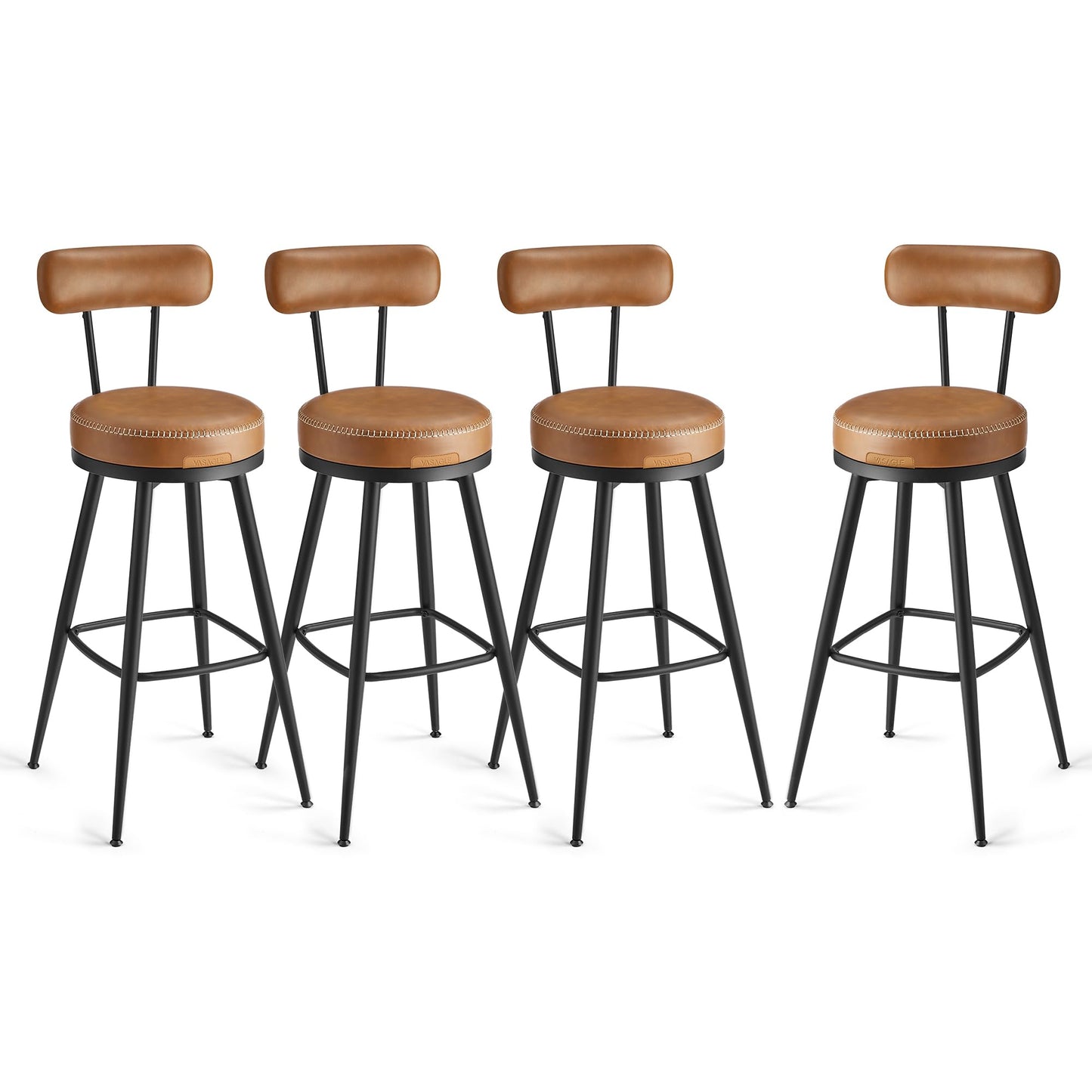 VASAGLE EKHO Collection - Bar Stools Set of 4, Swivel Bar Height Bar Stools with Back, Synthetic Leather with Stitching, Mid-Century Modern, 30-Inch Tall Barstools for Kitchen Home Bar, Caramel Brown