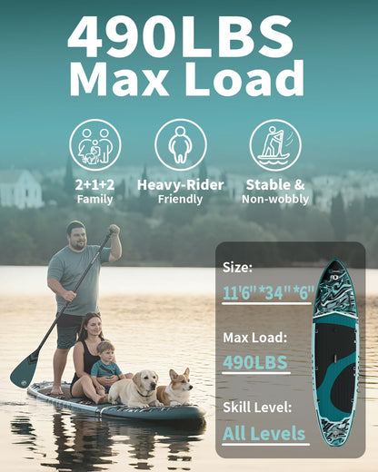 COOLCAA Mermaid 11'6" Inflatable Stand-Up Paddle Board, 490Lbs Capacity SUP Board with 34'' Extra Wide, Fishing Paddleboard with Accessories & Bag for Adults Youth (Phantom Stream)