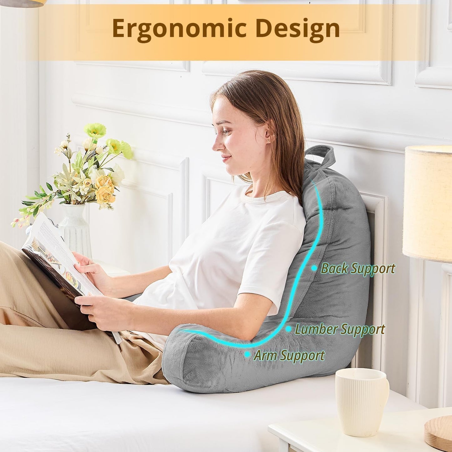 Sasttie Reading Pillows for Sitting in Bed Adult, Velvet Back Pillow Bed Sitting Up, Back-Rest Support Cushion for Sit Up on Couch, Sofa, and Floor, Dorm Essentials, Oeko-Tex Certified, Dark Grey