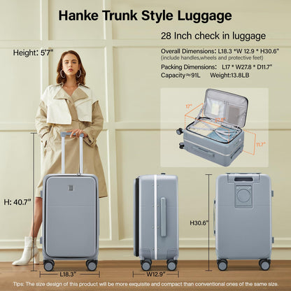 Hanke 28 Inch Checked Luggage with Cup Holder and USB Ports, Top Opening Hard Shell Suitcase with Wheels, Aluminum Frame Large Trunk Luggage with Foldable Divider & TSA Lock for Travel, Gray