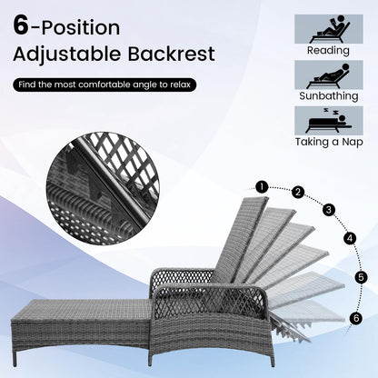 HAPPYGRILL 2PCS Patio Rattan Chaise Lounge, Outdoor PE Wicker Sun Lounger with Adjustable Backrest, Cushion & Pillow, Reclining Sunbed for Balcony Poolside Yard (Mix Gray & Gray)