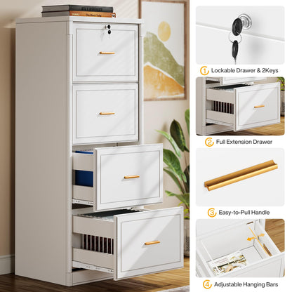 Tribesigns 4-Drawer File Cabinet with Lock, Locked File Cabinet with Key, Tall Wooden Filing Cabinets for Home Office, Vertical Office Storage for Legal Size/Letter/A4/Files, White