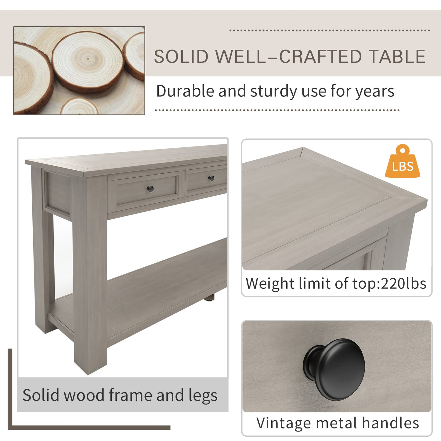 Brisca Solid Wood Console Sofa Table with 4 Drawers and Tabletop,Bottom Shelf for Entryway Hallway or Living Room,Space Saving,Easy to Assemble,Gray Wash,63" L×14" W×30" H