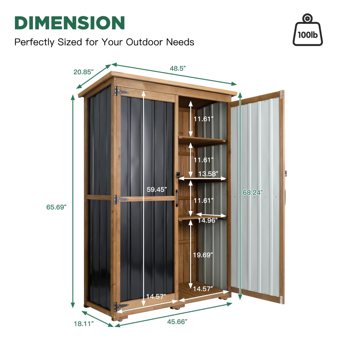 Outdoor Storage Cabinet Waterproof with Shelves, Outdoor Storage Shed Garage Cabinet Weatherproof, Wood & Metal Outside Patio Backyard Garden Pool Storage Tool Organizer