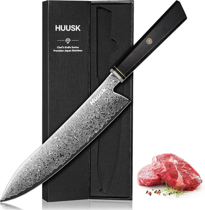 Huusk Damascus Chef Knife 8 Inch, 67-Layers Damascus Kitchen Knives with Ergonomic Wood Handle, Ultra Sharp Japanese Knife, Professional Cooking Knives for Kitchen, Christmas Gifts for Men Women
