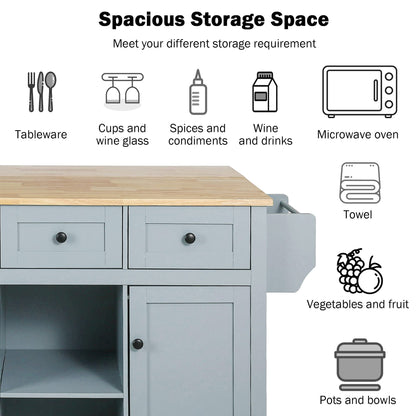 Yayzy Rolling Kitchen Island with Drop Leaf, Cabinet Door Storage Racks & 3 Drawers, Mobile Kitchen Cart with Rubberwood Top & Locking Wheels for Dining Room & Kitchen, 53-Inch, Grey Blue
