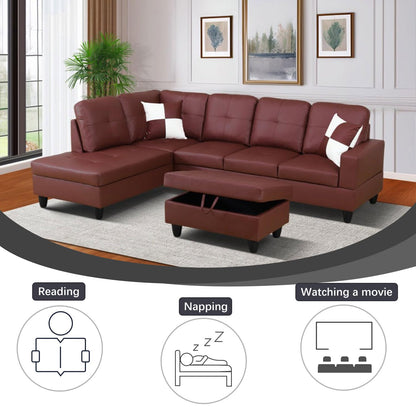 UOCFYK Red L-Shaped 3-Piece Faux Leather Sofa with Storage Ottoman Set, Sectional Couch Leather-Like Sofa Set for Living Room, Office, Small Space