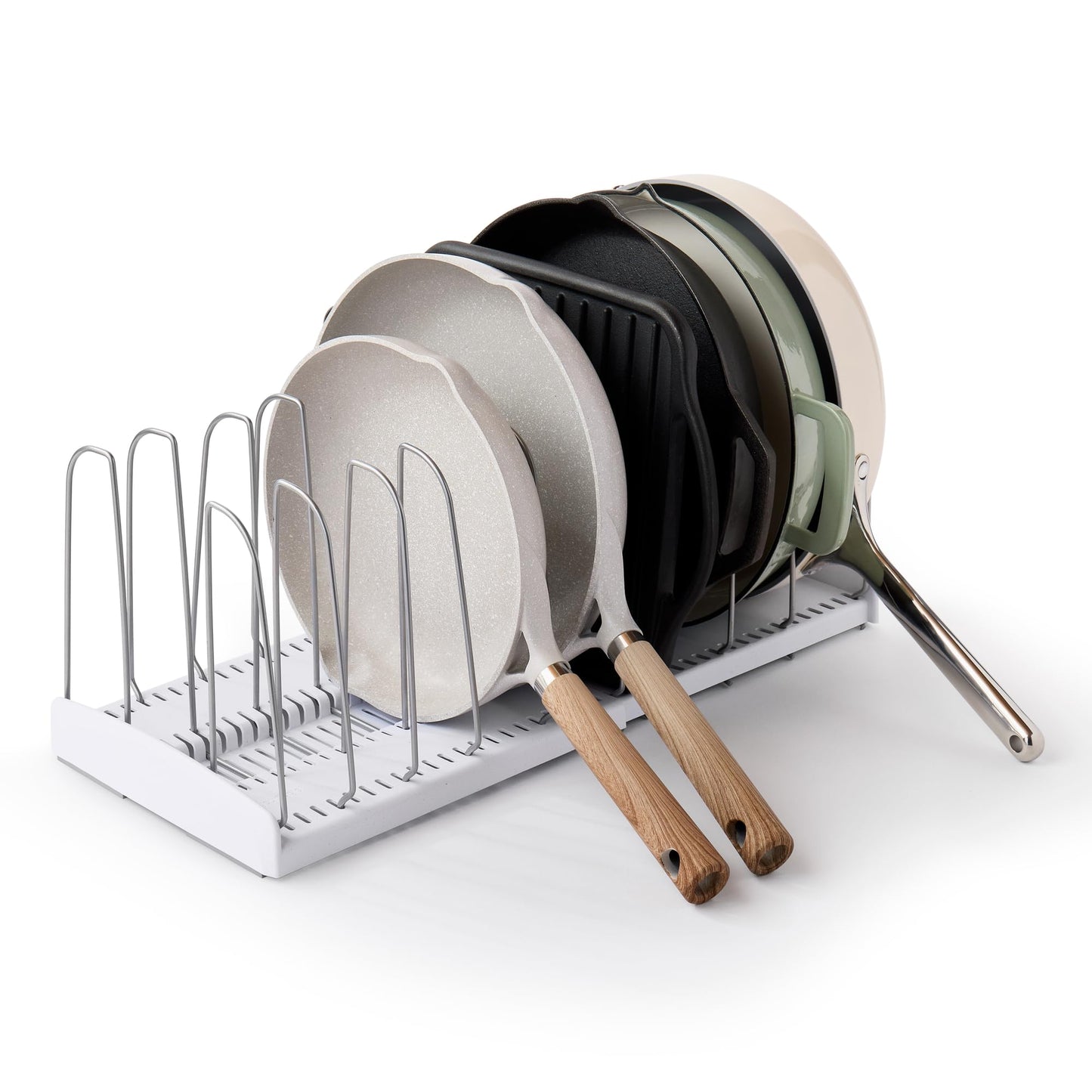 YouCopia StoreMore Expandable Cookware Rack with Tall Steel Wires, 12.5"-22" Wide Adjustable Pan Organizer for Kitchen Cabinet Storage, Premium Edition