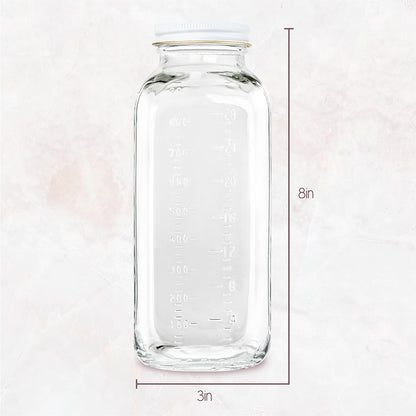 32oz kitchentoolz Square Glass Milk Bottle with White Metal Airtight Lids - Vintage Reusable Milk Jugs - Dairy Drinking