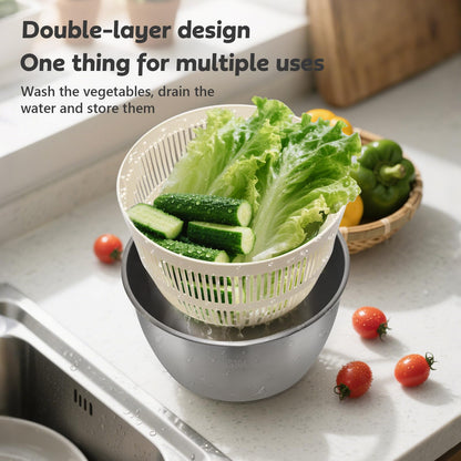 Salad Spinner Stainless Steel，Manual lettuce dryer With lid, basin, drain frame and non-slip base,lettuce spinner with Quick Spin,Spaghetti & Chip Strainer BPA Free,Easy Clean,5qt