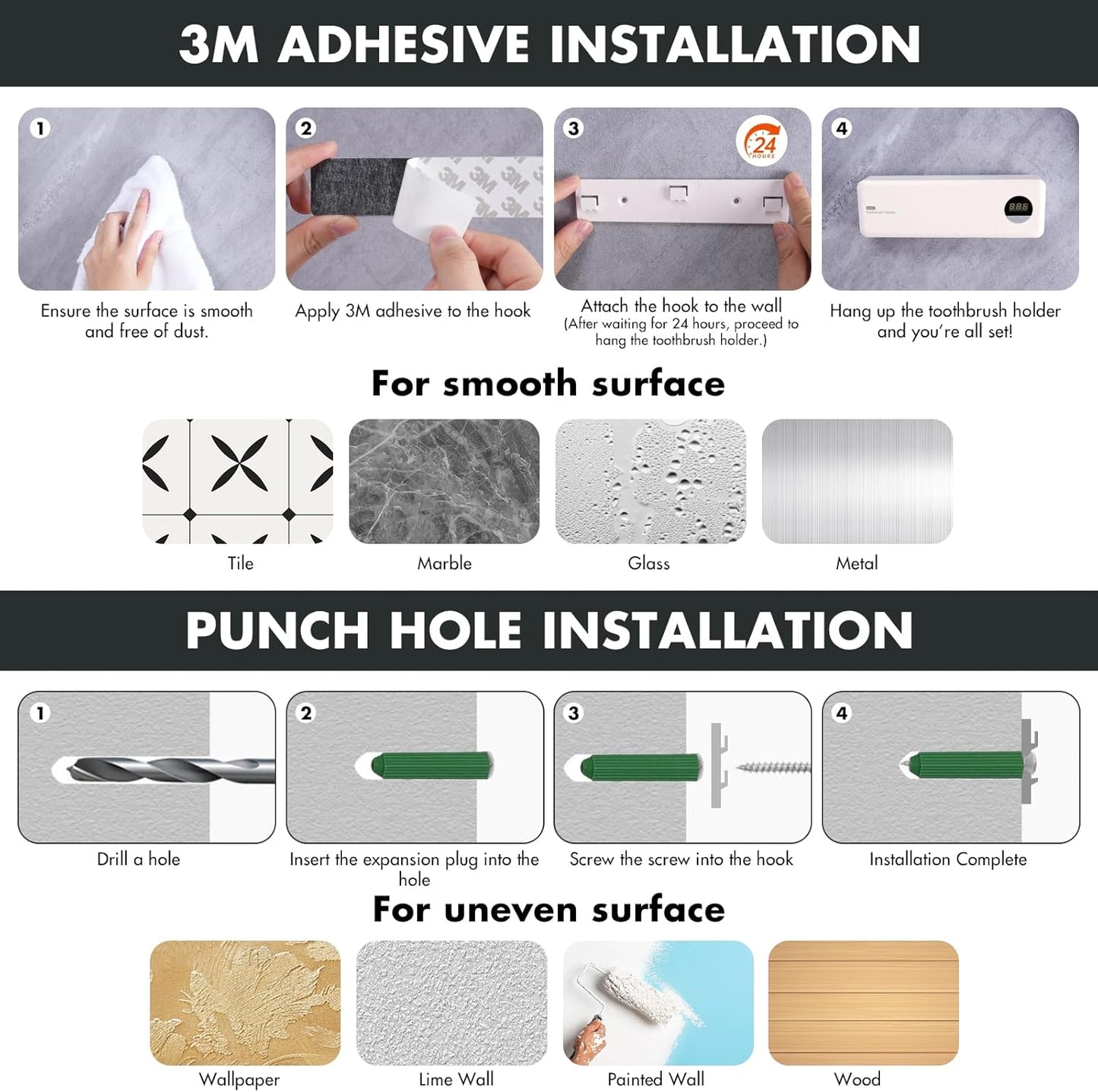 2000mAh 4 Auntyfey Sanitizeri Toothbrush Holder, Sanitizeri Toothbrush Cleaner, Rechargeable Cordless Wall Mounted
