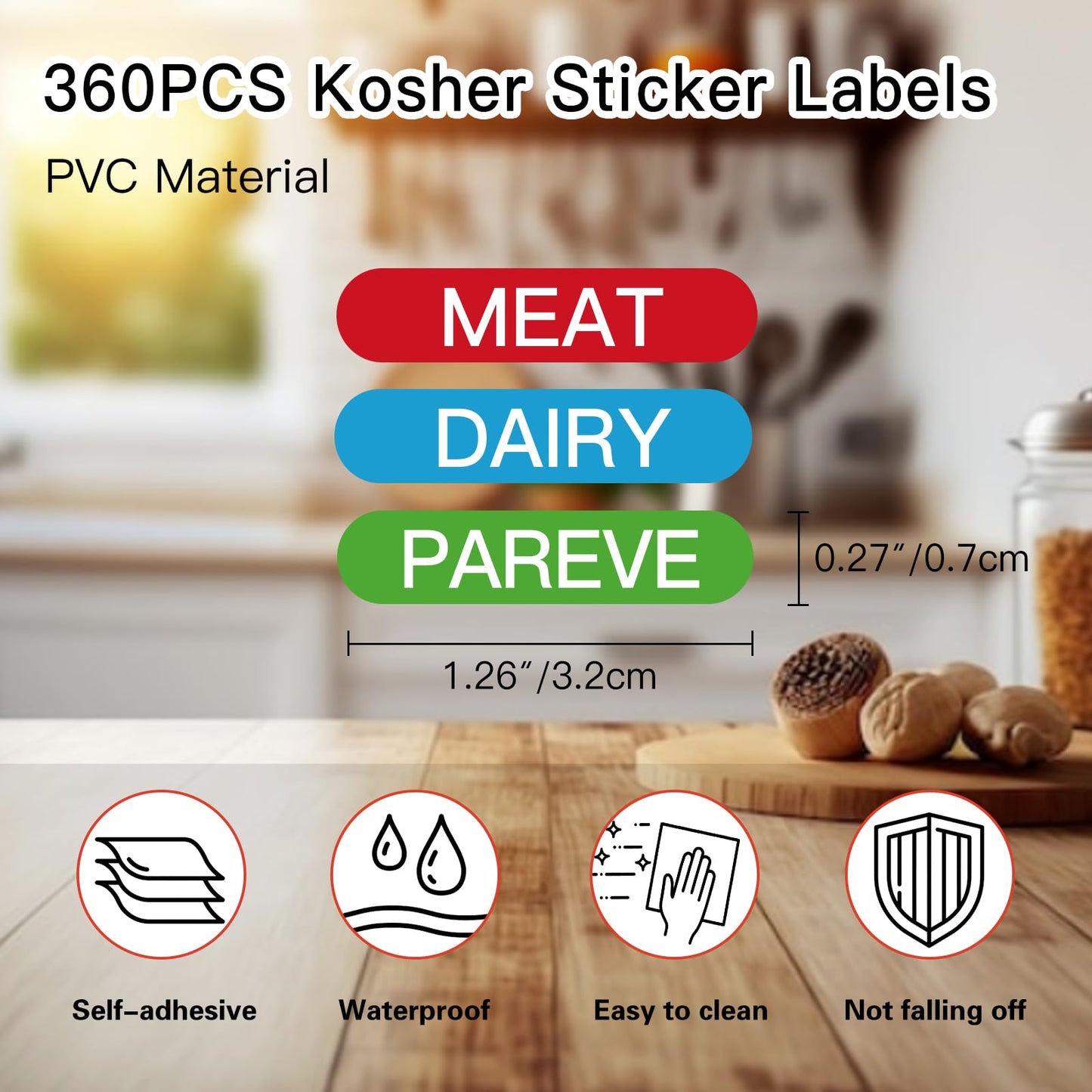 360PCS Kosher Labels for Kitchen, Color Coded Meat Dairy Pareve Stickers, PVC Material,1.25 x 0.27 Inch, Waterproof & Dishwasher Safe,Freezable and Microwavable