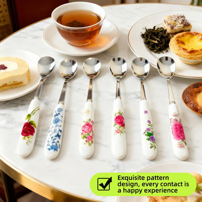 Hiiooweiyi 6-Piece Set of Stainless Steel Coffee Spoons Ceramic Handles Teaspoons Sugar Water Ice Cream Smoothies Spoons Soup Mixing Utensils
