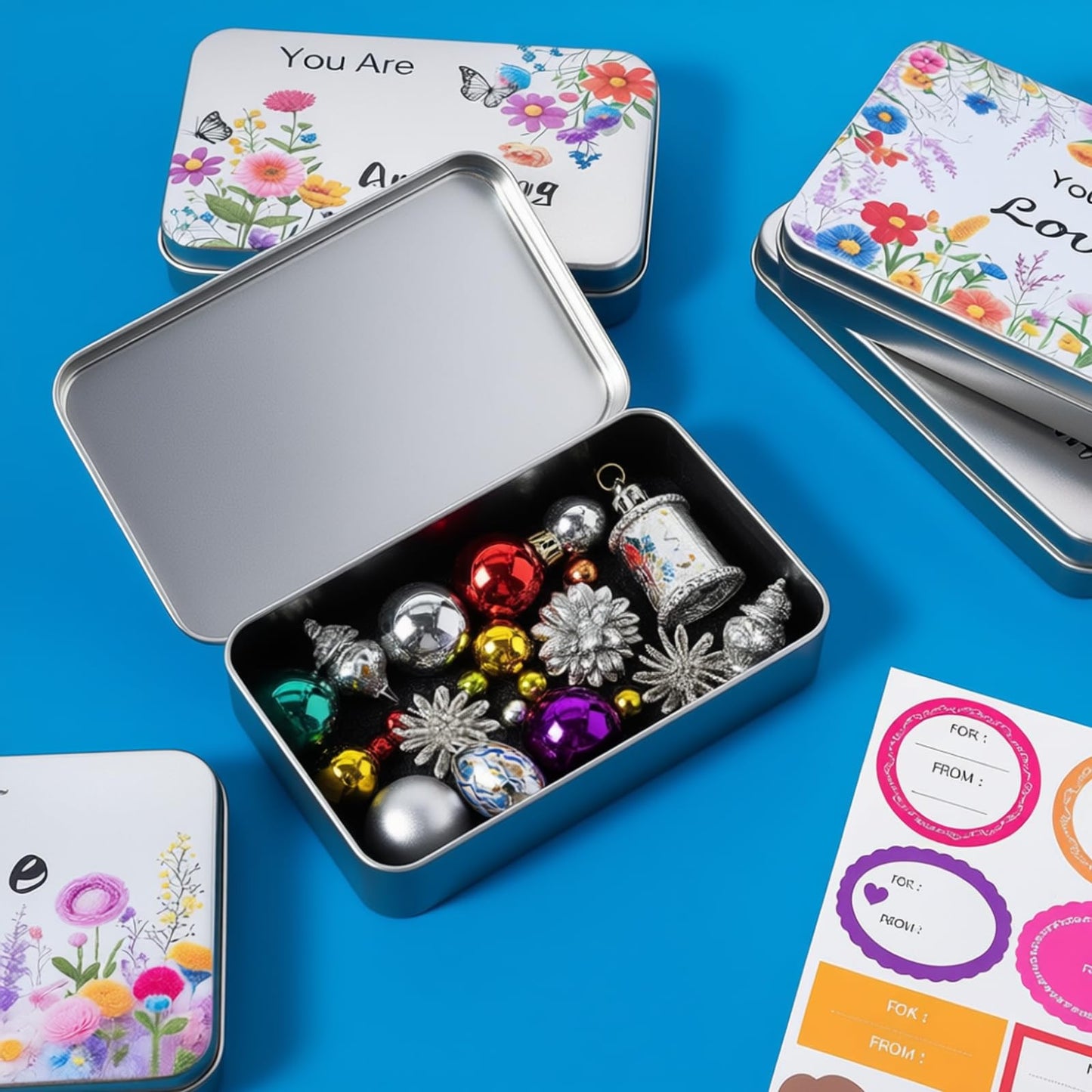 Goodma 6 Pack Rectangular Metal Tins Storage Organizer Gift Boxes with Inspirational Quotes & Flowers Image Pattern on the Lid, 5.9 x 3.5 x 1.2 inch (Silver)