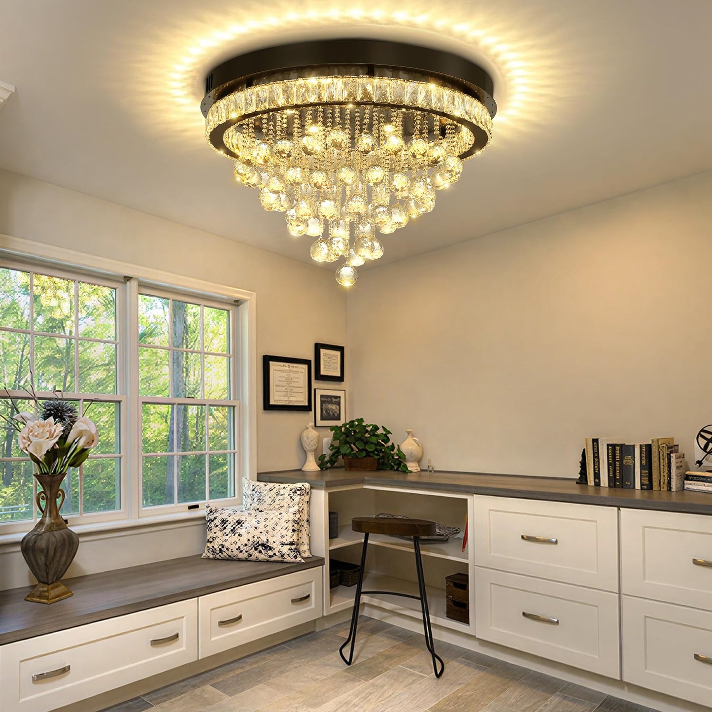 Shial Lighting Dia 24" Modern Crystal Chandeliers for Dining Room,Black Raindrop Chandelier Flush Mount Chandeliers for Living Room Bedrooms Dining Room Dimmable 2700k 4500k 6000k
