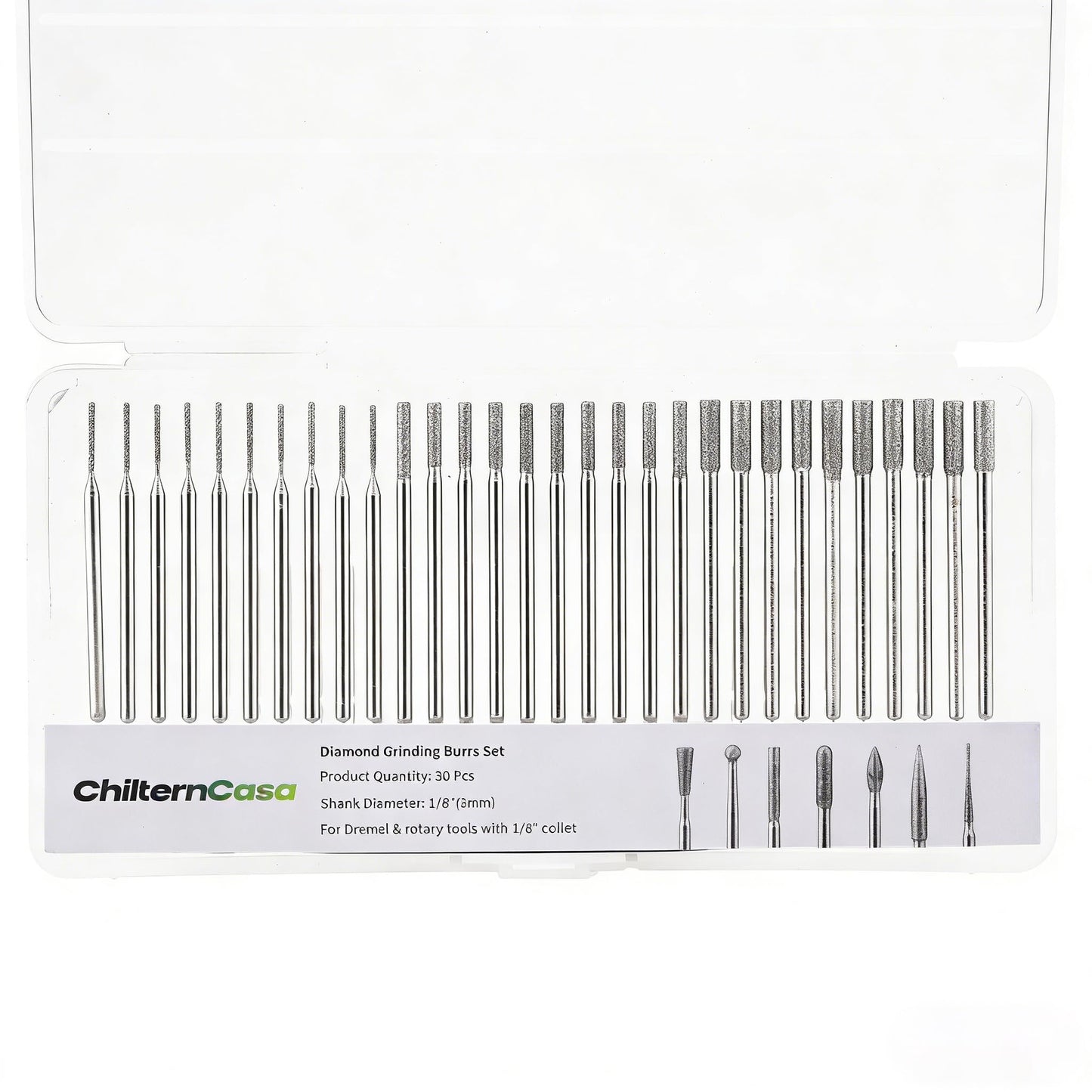 ChilternCasa 1mm-3mm Diamond Drill Bits for Stone, Grinding Bit Set 2.35mm Shank with Collet Rotary Tools for Dremel Drilling Glass, Gemstones & Jewelry - Pack of 30