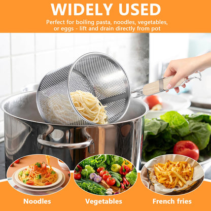 Angoily Mesh Pasta Strainer 1 Gal Stainless Steel 6.5" Deep Noodles Basket Hot Pot Colander with Wooden Handle 3.7L Boiling Spider Strainer for Cooking Dumpling Vegetable Food