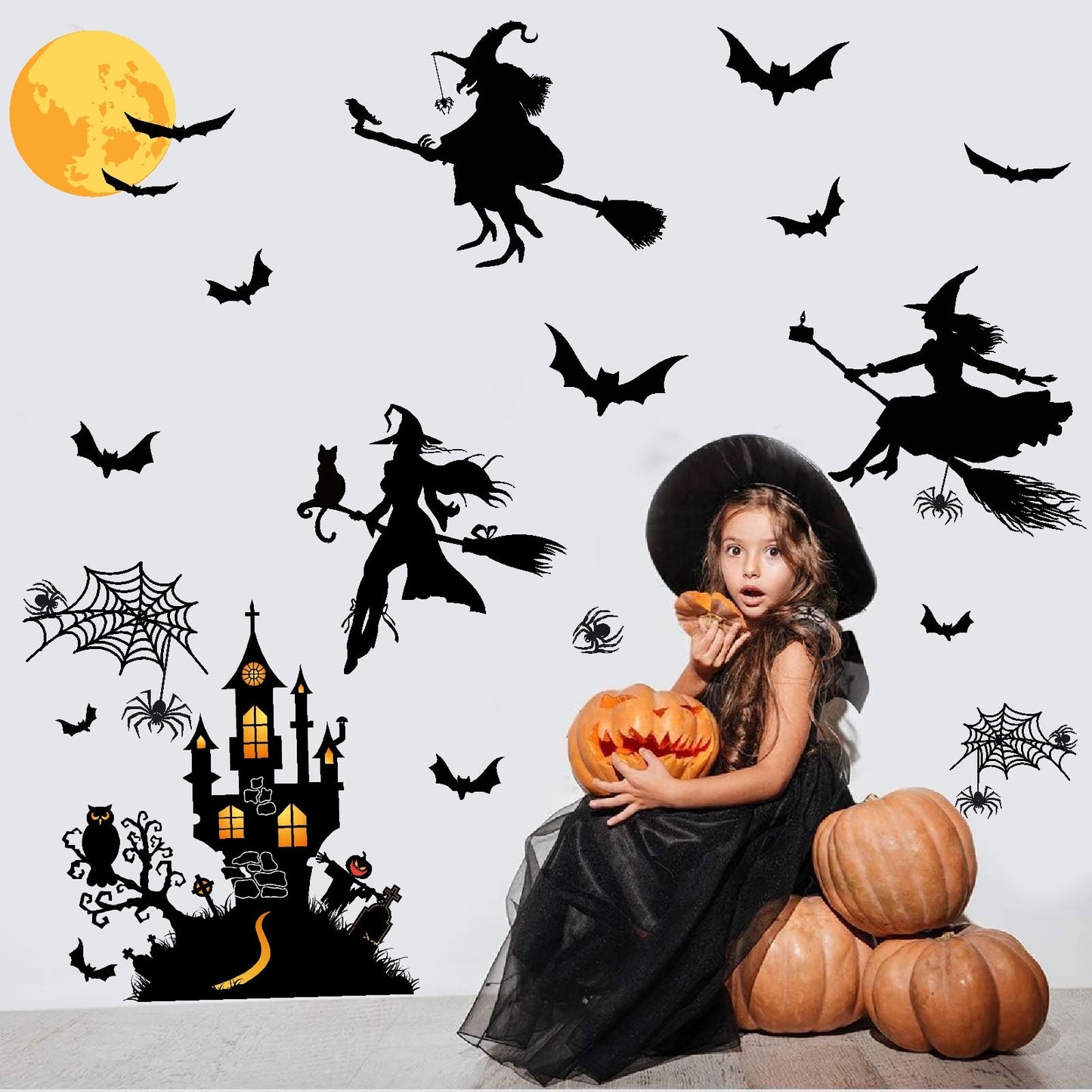 Halloween Decorations Decals Witches Wall Decor Black Bats Castle Stickers Halloween Wall Decal Peel and Stick Halloweens Party Supply Scary Spider Vinyl Sticker Art Murals for Home Window Door Decor